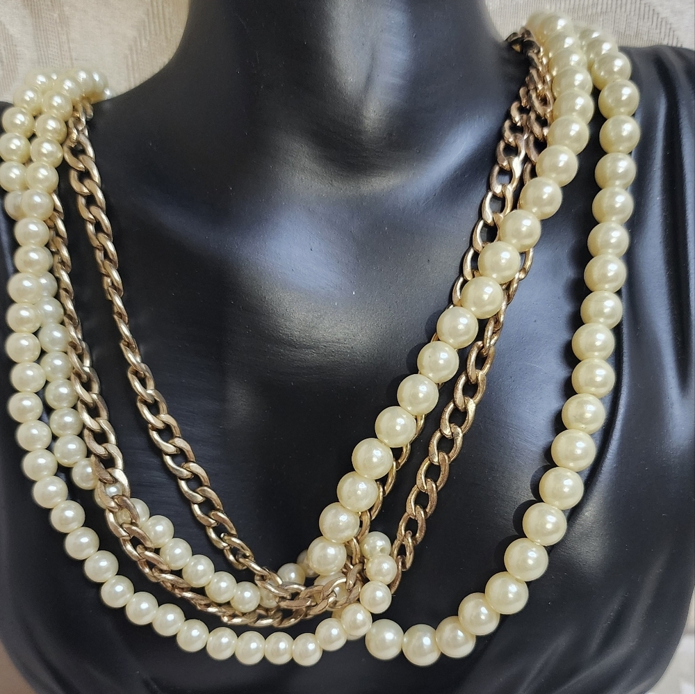 MIKA Vintage Faux Pearl & Gold Chain Multistrand Statement Necklace Layered